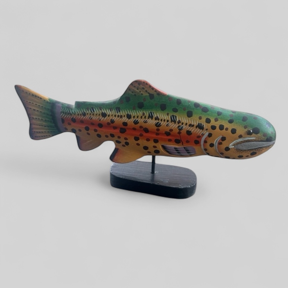 Vintage Hand Carved Wooden Trout fish 12 inch on stand rare painted art decor
